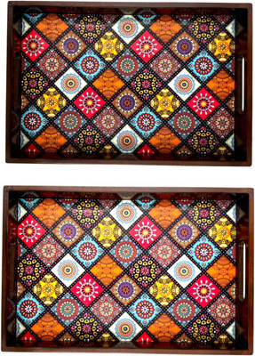 Angira handicrafts Wooden tray set of 2 with UV print|Serving Tray|Multipurpose Tray|AHS0-T0976 Tray(Pack of 2)