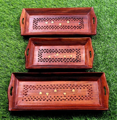 WoodenWale Sheesham Wooden Serving Tray - Beautiful Design Tray Serving Set(Pack of 3)