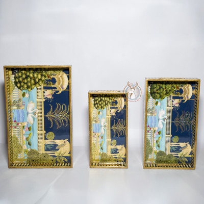 Dreams n Decor MDF Wooden Rectangular Serving Tray with Gold Engraving |Set of 3 |Enamel Coated Tray(Pack of 3)