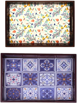 Angira handicrafts Wooden tray set of 2 with UV print|Serving Tray|Multipurpose Tray|AHS0-T1005 Tray(Pack of 2)