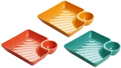 HARVA Snack Dessert Fruit Party Chips Plate with Dipping Sauce Compartment Dish Plates Chip & Dip Tray Serving Set(Pack of 3)