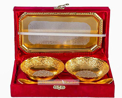 SMILES GIFT Golden 2 Round Bowl | 2 Spoon With Tray | Box & Bag | For Dry Fruits Bowl Serving Set(Pack of 1)