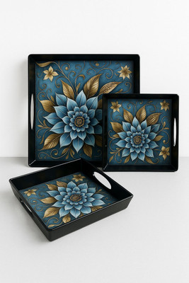 Clear Vista THE BLUE FLOWER BLACK STYLISH Tray Serving Set(Pack of 3)