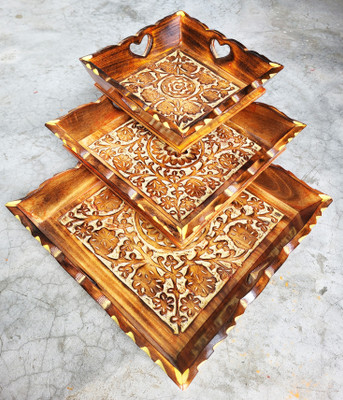 aaapremises Handicraft Wooden Serving Tray SET OF 3 Tray Serving Set(Pack of 3)