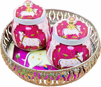 Qadr Craft Decorative Pichwai Tray Set with 2 Jar Cow Design Dry Fruit Jar Return Gift Tray, Bowl Serving Set(Pack of 3)