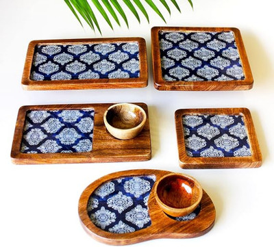 INDIAN ARTISANS MANGO WOOD PLATTER SET OF 5 PLATTERS AND 2 BOWLS/ BLUE MOTIF/SERVING TRAY Tray, Chip & Dip Tray, Bowl Serving Set(Pack of 5)