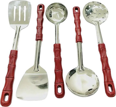 Enovetica Stainless Steel Cooking and Serving Spoon Set/Kitchen Tool Set/Ladle, Spatula Kitchen Tool Set(Silver, Red, Cooking Spoon, Ladle, Spatula)