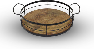 AIC DECO STORE AIC DECO STORE Round Shape Wood & Iron Serving Tray with Handle-12X12X4 Inch Tray Serving Set(Pack of 1)