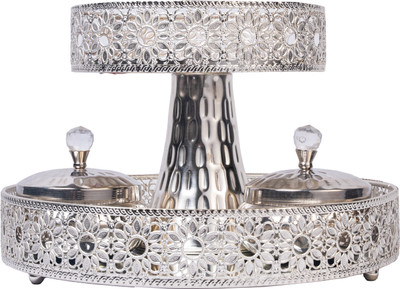 IRAVI IRAVI Round Mirror Tray with two metal hammered Handi Jar and standing bowl Tray Serving Set(Pack of 1)
