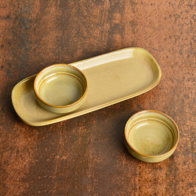 StyleMyWay Beautiful Ceramic Dip Bowls Set with Tray (Beige) | Mini Bowls with Dash Tray Serving Set(Pack of 3)