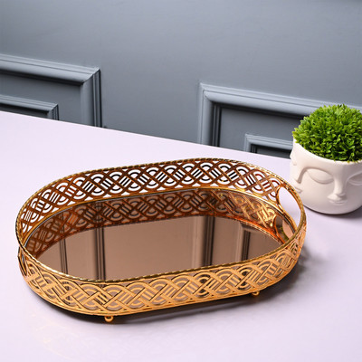 MARKET 99 Market99 Iron Made Glossy Serving Tray | Golden Serving Tray with Round Shape Tray Serving Set(Pack of 1)