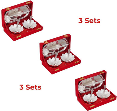 Qadr Craaft German Silver Bowl Sets For Gift Decorative Silver Plated Dry Fruits Server Bowl, Tray, Spoon Serving Set(Pack of 4)