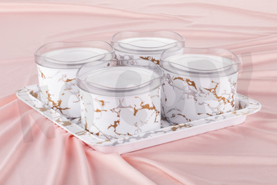 NIJEN DRY FRUIT BOX ROUND 4PCS. WHITE WITH MARBAL PRINTED DESIGN Tray, Bowl Serving Set(Pack of 1)
