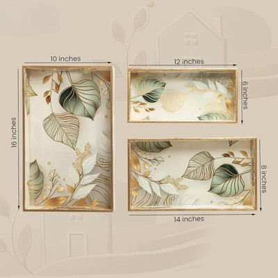 TAH Wooden Leaf Print Serving Tray Set of 3 Aqua & Gold Design Tray Serving Set(Pack of 3)