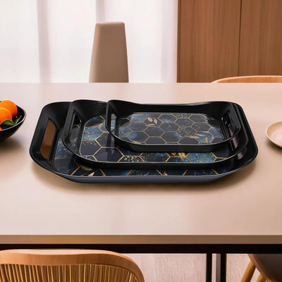 KTART Serving Tray Set of 3 | Black & Gold Designs | Durable & Stylish Tray Serving Set(Pack of 3)