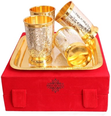 IndianArtVilla Tray Set Silver Plated Gold Polished 4 Glasses with 1 tray Glass, Tray Serving Set(Pack of 5)