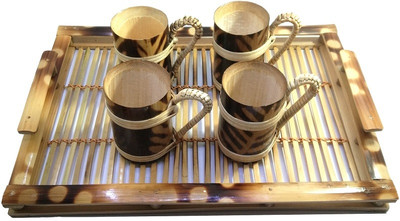 WQT Bamboo Serving Tray Set With (1 Tray & 4 Cup) Washable, Tray, Cup Serving Set(Pack of 5)