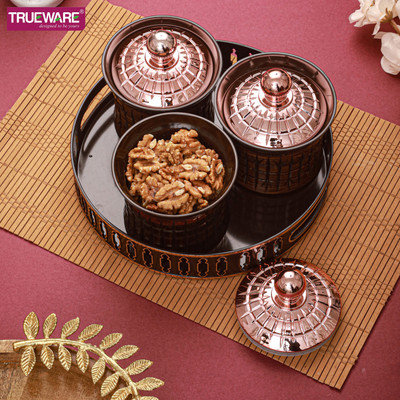 Trueware VENICE Luxury Serving Set 3 Container with Tray Brown Container, Tray Serving Set(Pack of 4)