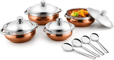 Rk Stainless Steel Serving handi with lid | 4 Serving Spoon+ 4 Serving Bowl, Spoon Serving Set(Pack of 12)