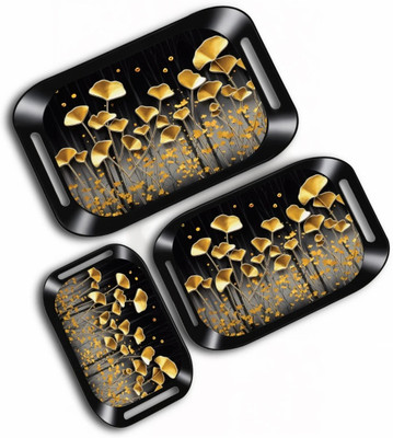 Luxe Stylish Plastic Serving Tray Set with Golden Floral Design – Set of 3 Tray Serving Set(Pack of 3)