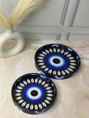 SAJJA KREATION Evil Eye Charm Round Tray Set/Perfect For Gift Tray/Home Decor Tray Serving Set(Pack of 2)