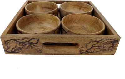 Handicraft WOODEN MADE 4 BOWL AND 1 TRAY SET Tray Serving Set(Pack of 5)