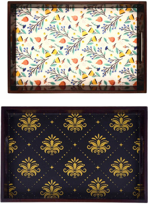 Angira handicrafts Wooden tray set of 2 with UV print|Serving Tray|Multipurpose Tray|AHS0-T1003 Tray(Pack of 2)