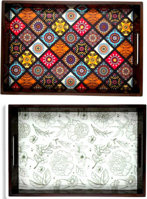 Angira handicrafts Wooden tray set of 2 with UV print|Serving Tray|Multipurpose Tray|AHS0-T0945 Tray(Pack of 2)
