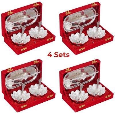 Qadr Craft German Silver Bowl Sets For Gift Decorative Silver Plated Bowl, Tray, Spoon Serving Set(Pack of 4)