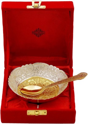IndianArtVilla Silver Plated Gold Polished Embossed Flower Design Set Bowl Spoon Serving Set(Pack of 2)
