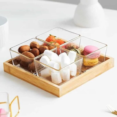 VMPARTNER Borosilicate Glass Bowl 250ml With Wooden tray Set Tray Tray Serving Set(Pack of 1)