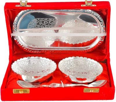 Navya Craft Brass Plated Designer Bowl Set with Serving Spoons And Trays (Silver And Gold) Bowl, Tray, Spoon Serving Set