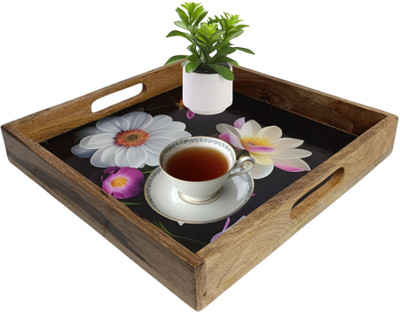 Womenium Craft Serving Platter in Mango wood Flower Print for Home & Dining Table Tray Serving Set(Pack of 1)