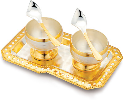 Ojas Gold & Silver Plated Tray And 2 Bowl Set For Gifting Tray,Bowl,Spoon Serving Set Tray, Bowl, Spoon Serving Set(Pack of 5)