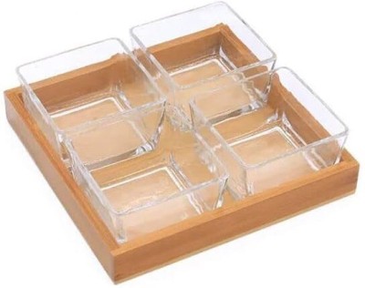 VMPARTNER Borosilicate Glass Bowl 250ml With Wooden tray Set Tray Tray, Bowl Serving Set