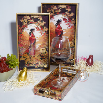 Dreams n Decor MDF Wooden Rectangular Serving Tray with Gold Engraving| Set of 3 |Enamel Coated Tray Serving Set(Pack of 3)