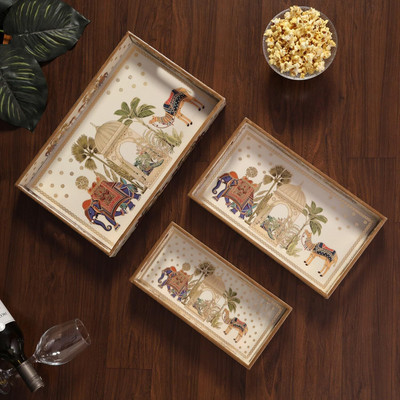 TAH Wooden Serving Tray Set of 3 with Gold Engraving | Royal Camel Set Tray Serving Set(Pack of 3)