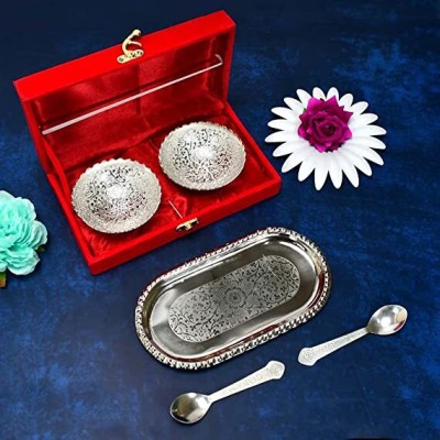QuickLo Silver Plated 2 Bowl 2 Spoon Tray Set Brass with Red Velvet Gift Box Bowl, Spoon, Tray Serving Set(Pack of 1)