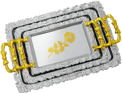 voomo Fancy Tray set pack of 3 Pcs Golden handle china black tray set Tray Serving Set(Pack of 1)