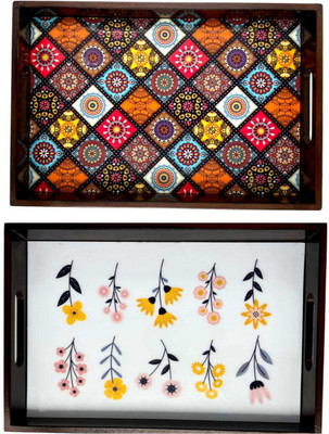 Angira handicrafts Wooden tray set of 2 with UV print|Serving Tray|Multipurpose Tray|AHS0-T0943 Tray(Pack of 2)