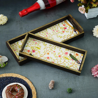 JaipurCrafts Peacock Designer Printed Enamel Coated Wooden Handmade Serving Tray Tray Serving Set(Pack of 2)