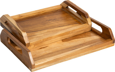AndCetra Combo of 2 Teak Wooden Tray | Perfect for Home Decor Handmade Breakfast Tray Serving Set(Pack of 2)