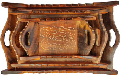 Kraftlik Handicrafts Wooden Serving Tray Set of 3 | Handmade Rectangular Trays Tray Serving Set(Pack of 3)