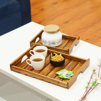 Sanjeev Kapoor by OGGN Wooden Serving Tray Set of 2 | Natural Finish | Multipurpose Tea & Snacks Tray Tray Serving Set(Pack of 2)