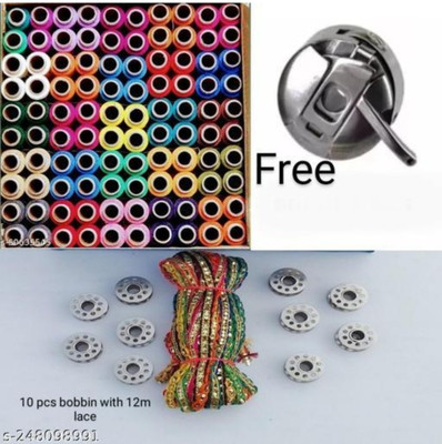 HouseOfCommon 100 pcs Multicolor Thread Box with Lace and 10 Bobbin Sewing Kit