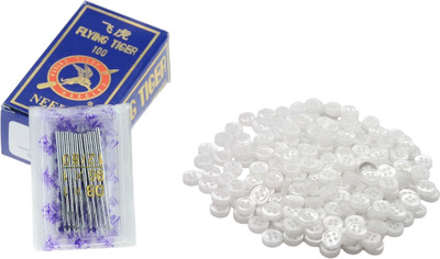 Kunfaya Combo Of 10 Machine Needle 16No. + 20 White Round 4 Holes Buttons Sewing Kit