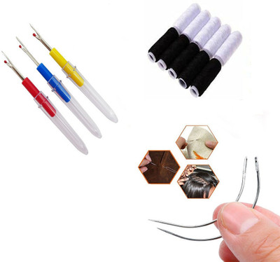 Crafts Haveli 3 Items Combo : 3 Seam Ripper, 20 Black White Thread Spool & 2 Curved Needle Sewing Kit