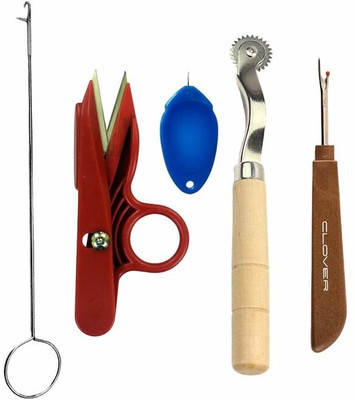 Saravana Super Mart Loop Turner, Red cutter, Tracing wheel, Threader, Wooden Seam Ripper 5 pcs combo Sewing Kit