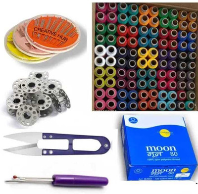 HouseOfCommon Multicolor Thread, 10 Bobbin, Needle Pack, Thread Cutter and Seam Ripper Sewing Kit