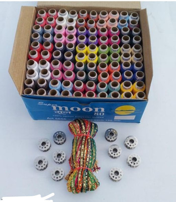 HouseOfCommon 100 pcs Multicolor Thread Box with Lace and 10 Bobbins Sewing Kit